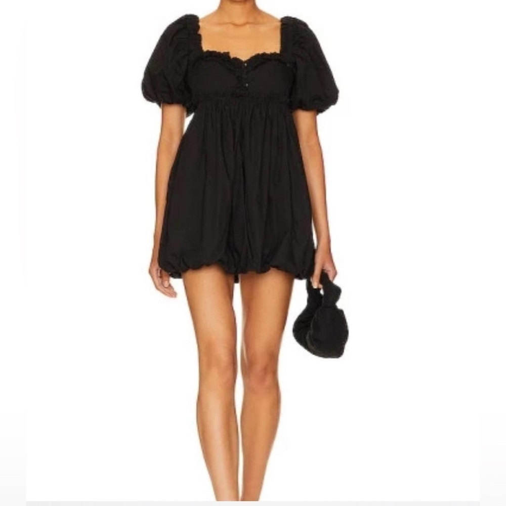 Free People Rendezvous Me Black Puff Sleeve Mini Babydoll Dress Size Medium